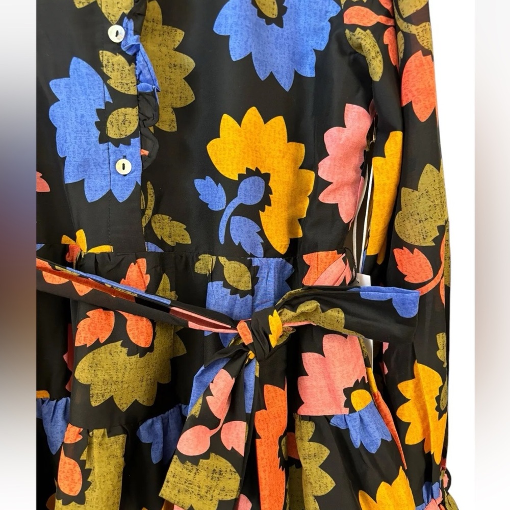 NWT J.Marie Black Flounce Bright Flowers Dress Small S Long Sleeve Tiered Boho - Picture 2 of 6